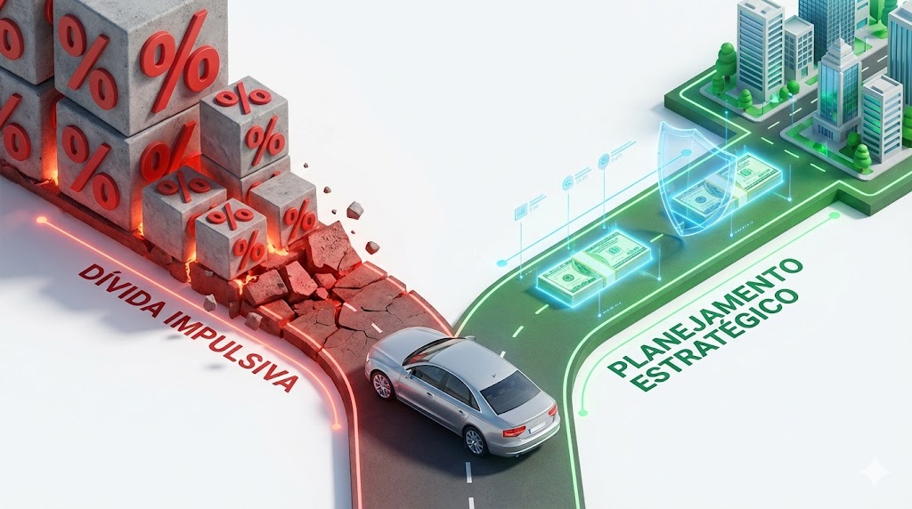 Ilustração 3D isométrica de dois caminhos divergentes, comparando o alto peso dos juros versus o caminho da economia planejada ao comprar um veículo.