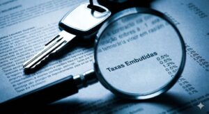 Lupa amplia letras miúdas de taxas escondidas em um contrato sob uma chave de automóvel nova.