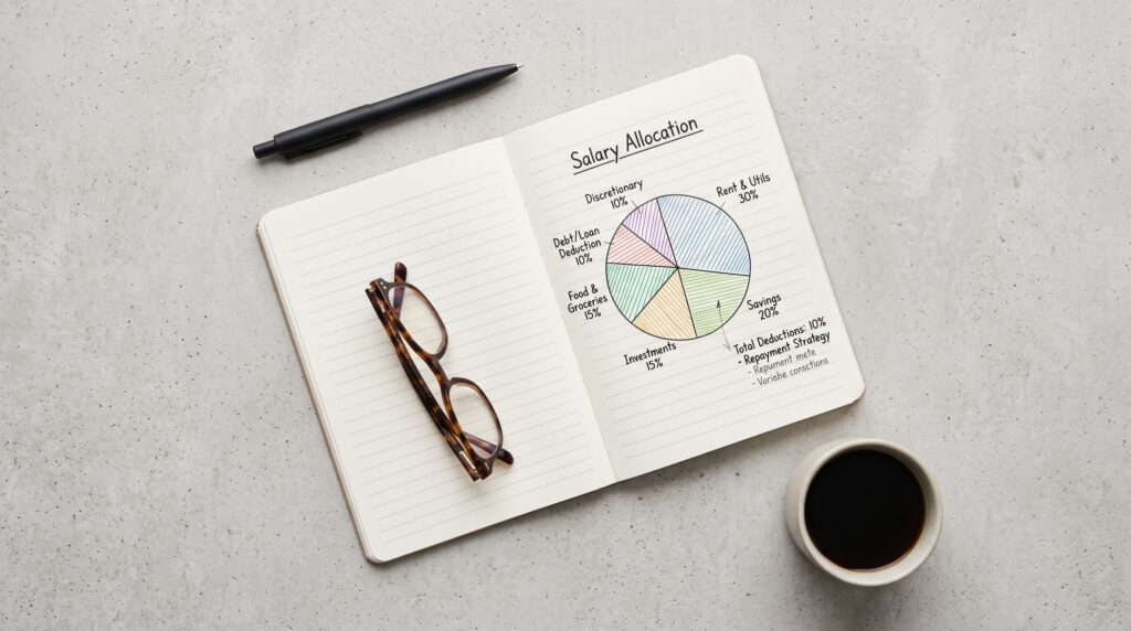 Vista superior de un cuaderno con gráficos analíticos sobre la distribución del salario y la deducción de cuotas de préstamo.