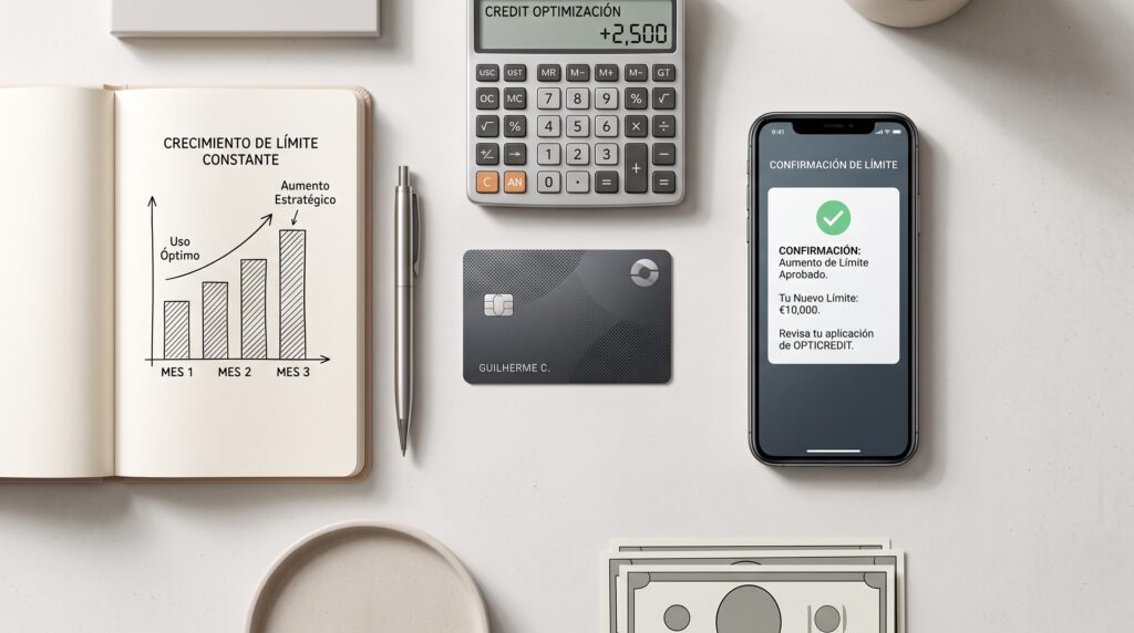 Elementos de planificación financiera y tarjeta de crédito organizados sobre un escritorio para optimizar el límite disponible.