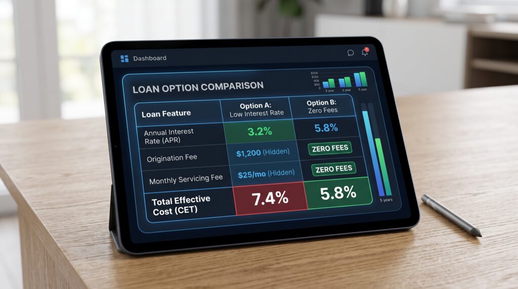 Pantalla de tablet mostrando una tabla comparativa de Costo Efectivo Total y tasas de interés en un análisis financiero.