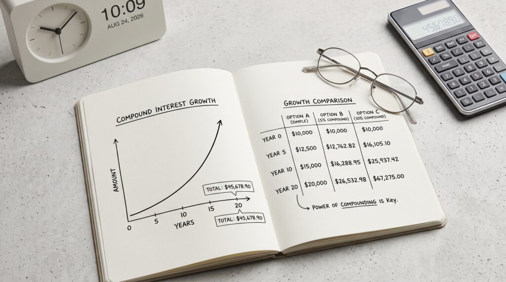 Vista superior de un cuaderno con gráficos de interés compuesto y calculadora sobre escritorio de concreto.
