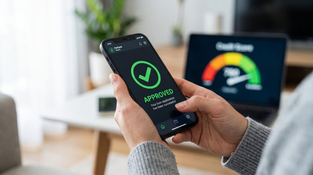 Pantalla de smartphone mostrando notificación de crédito aprobado en una aplicación financiera.